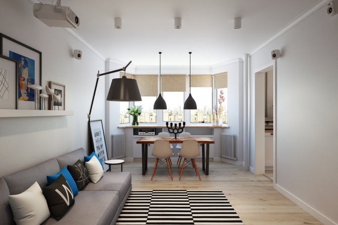 Дизайн-проект квартиры 90м2 в скандинавском стиле с обеденным столом из суара и лоджией-кабинетом