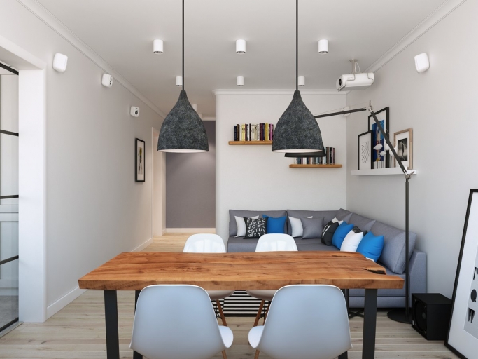 Дизайн-проект квартиры 90м2 в скандинавском стиле с обеденным столом из суара и лоджией-кабинетом