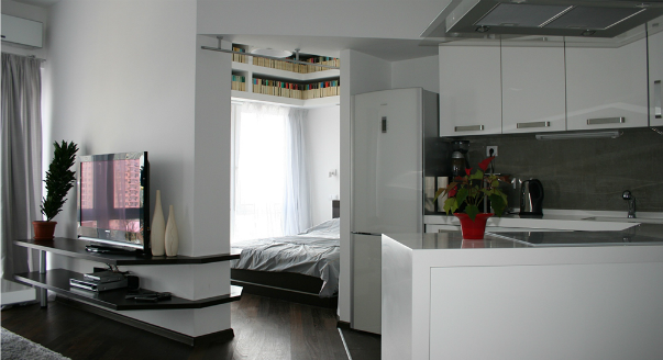 Киевская квартира 46,2 м2 от Романа Антипина со сложным силуэтом кухни