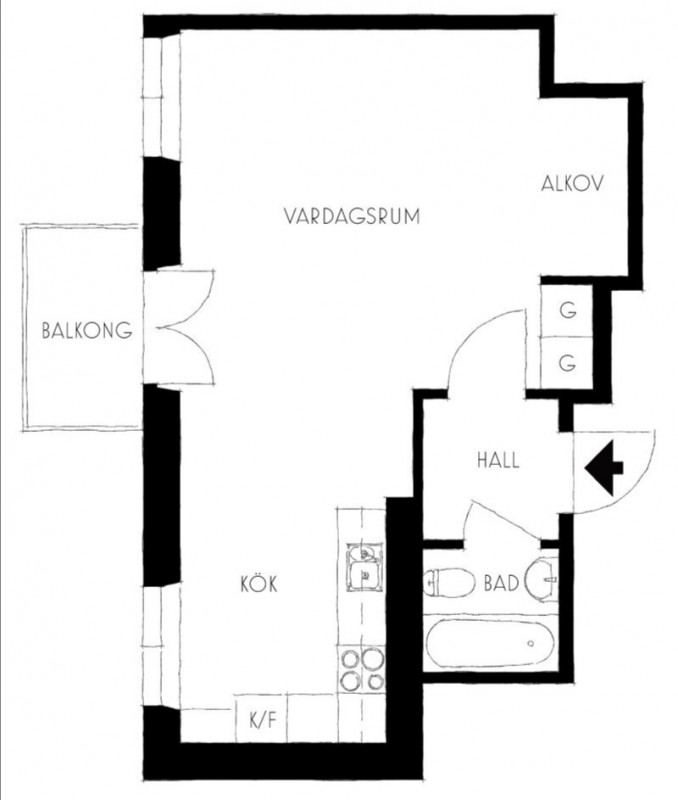 Квартира-студия в Стокгольме площадью 38 м2